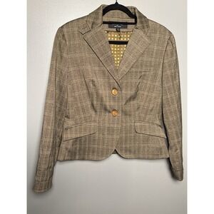 Signature By‎ Larry Levine Blazer Plaid Size 12 Brown Tan White Yellow Corporate